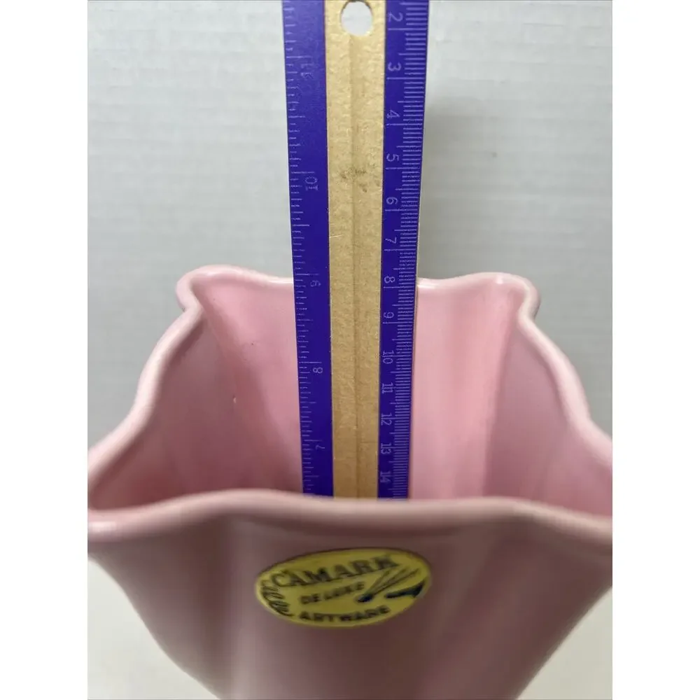 Vtg Camark Deluxe Artware Pottery Matte Pink 9” Vase Ceramic Square Twist Spring